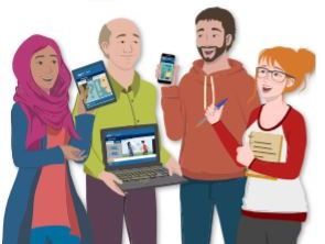 Grafik mit Menschen, die auf Smartphone, Tablet und Laptop die Internetseite des vhs-Lernportals ansehen 